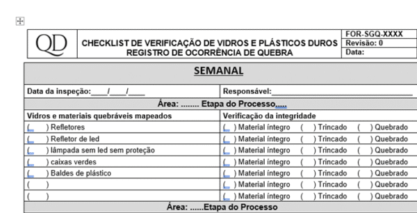 Checklist controle de vidros e plásticos duros