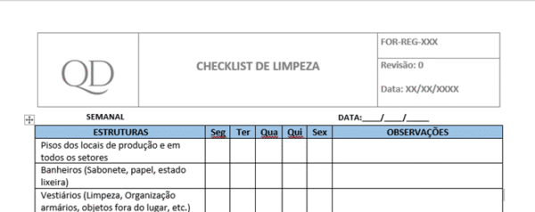 Checklist de limpeza