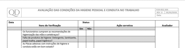 Registro das condições de higiene do colaborador